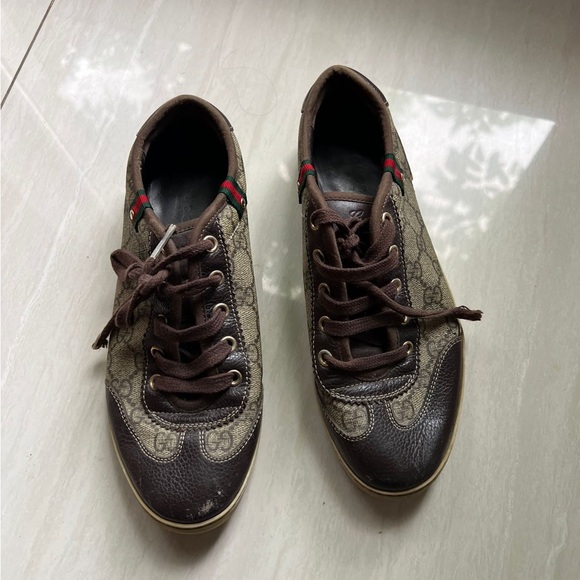 Gucci Sneakers - Beige/Brown GG Supreme Canvas and Leather Web Lace Up Sneakers - Picture 1 of 4